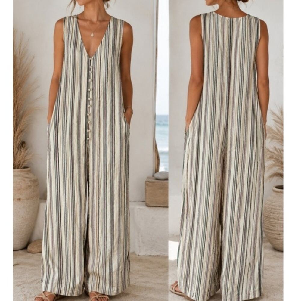 Madewell Striped Sleeveless Wide Leg Button Front Jumpsuit Size Small Cotton